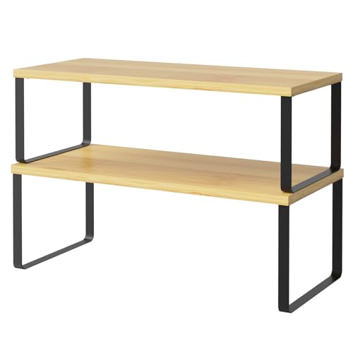 NEX Cabinet Shelf Organizer Set of 2, Kitchen Counter Shelves Spice Rack, Stackable, Expandable, Kitchen Pantry Cupboard Storage Organization, Black and Natural - color: Black + Natural Beige, size: 15.6''W