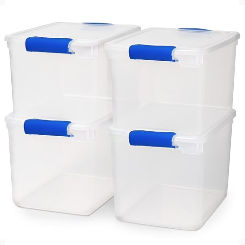HOMZ 4-Pack 31 Quart Latching Lid, Clear Plastic Storage Organizer Bins, Blue – Stackable Containers for Home & Office Shelves, Kitchen, Garage, and Bathroom Organization - color: Blue, size: 31 QT (4 Pack)