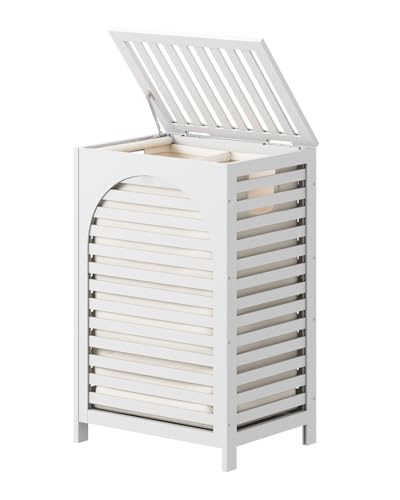 White Laundry Hamper, 22.5 Gallon (85L) Bamboo Wood Clothes Laundry Basket with Lid and Handles, Removable Liner - color: White, size: Large