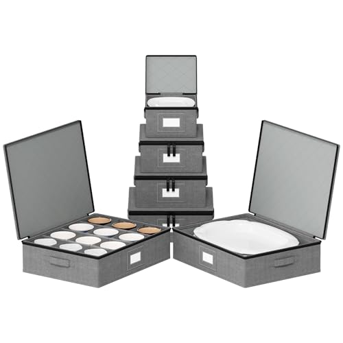 SpaceAid China Storage Containers 6 Pack, Stackable Hard Shell Quilted Cases with Soft Plate Separators, Moving Supplies Packing Boxes for Dishes, Plates, Platters, Mugs, Cups (Grey) - style: Plate Platter Mug Combo