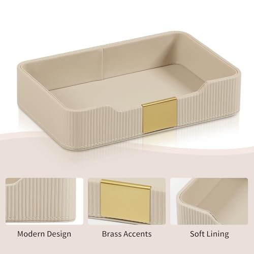 Valet Tray Desktop Storage Organizer, PU Leather Catchall Bedside Vanity Tray with Brass Accents Block Nightstand Organizer for Keys Watch Wallet Phone, Decorative Nightstand Storage (Beige) - color: Beige