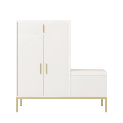 HedoAjim L-Shaped Shoe Storage Cabinet with Bench, Entryway Shoe Cabinet with Drawer, Modern Freestanding Shoes Organizer Cabinet for Entryway Hallway Front Door, White