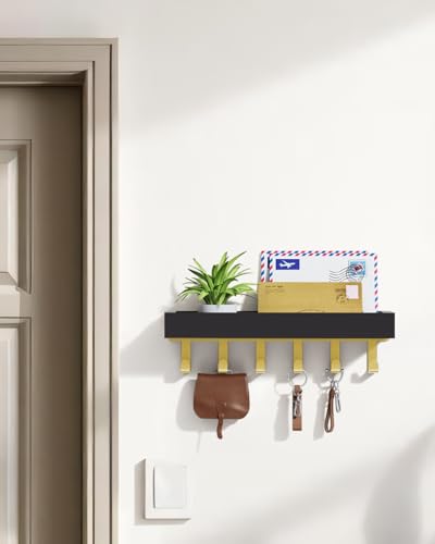 Key Holder Wall Mount Adhesive Magnetic - Hanging Key Hooks with Tray for Wallet House Accessories - Keys Hanger Rack with Shelf for Camper Entryway Door Home Living Room Decor Black Gold - color: Gold Black, size: Medium