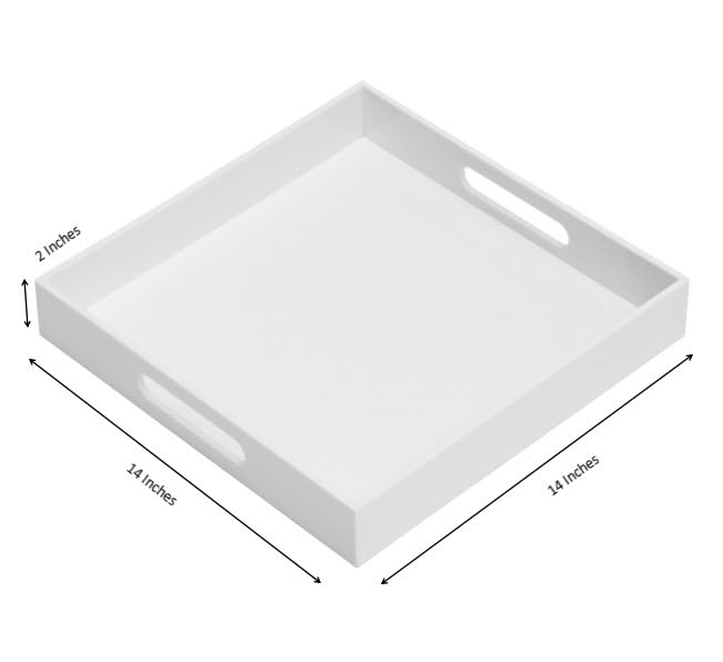 KEVLANG Glossy White Sturdy Acrylic Serving Tray with Handles-14x14Inch-Serving Coffee,Appetizer,Breakfast,Butler-Kitchen Countertop Tray-Makeup Drawer Organizer-Vanity Table-Ottoman Tray - color: Glossy White, size: 14" x 14" x 2"
