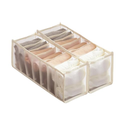 2-Pack Underwear Storage Organizer, 7-Compartment Foldable Drawer Divider for Home, Closet, and Travel Use, Mesh Fabric Organizer Box for Clothing - color: 2 Off White