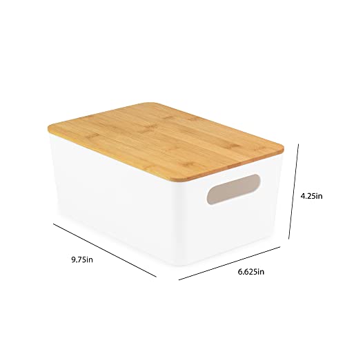 Isaac Jacobs 2-Pack Medium White Storage Bin Set w/Cut-Out Handles and Bamboo Lid, Plastic Organizers for Home, Pantry, Kitchen, Closet, Office, Home Décor, BPA Free, Food Safe (Medium, White) - color: White, size: Medium