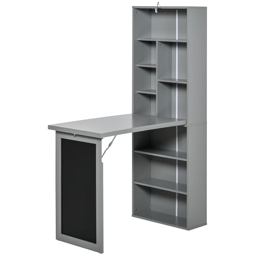Foldable Wall Mounted Desk with Storage Shelves, Fold Out Convertible Computer Table with Blackboard, Folding Writing Table Workstation for Small Spaces,Home Office (Grey) - color: Grey