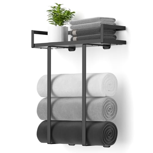 Towel Racks for Bathroom Wall Mounted, Xstydes Metal Towel Holder with Wooden Shelf for Folding Large Towels, Towel Storage for Small Bathroom Organizer Decor or RV Camping, Black - color: Black, size: Small