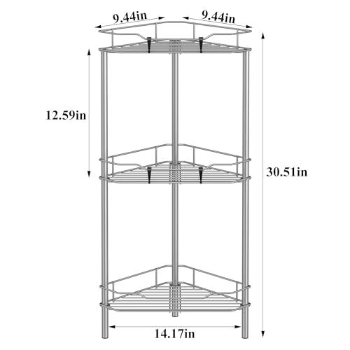 HuggieGems 3 Tier Floor Standing Corner Shower Caddy Organizer Shelf with Hooks, Bathroom Shelves Stand Rack, Gray - color: Gray, size: 3 Tier