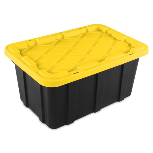 Sterilite 17 Gal Industrial Tote, Stackable Storage Bin with Snap-Fit Lid for Garage, Basement & Attic Storage, Black Base and Yellow Lily Lid, 6-Pack - size: 17 Gallon