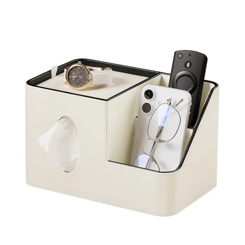 PU Leather Square Tissue Box Cover with Magnetic Closure, Tissue Holder with Storage Tray & Remote Control Organizer, for Nightstand, Living Room, Bathroom, Office Desk (White) - color: White
