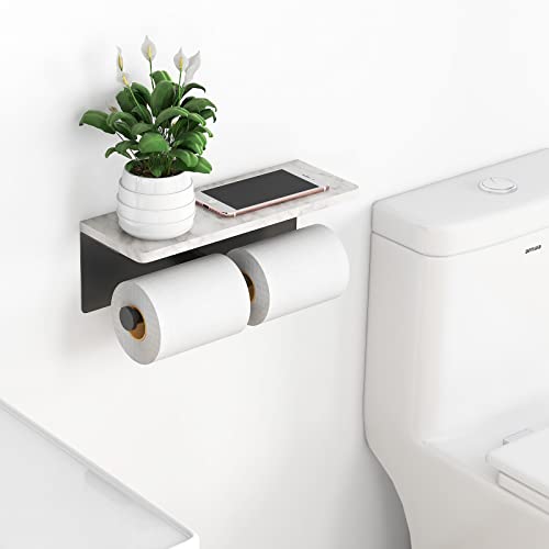 Gypie Toilet Paper Holder with Shelf, New Upgrade Double Toilet Paper Holder with Storage, Marble Roll Toilet Paper Wall Mount for Bathroom Washroom(Black) - color: Black, size: 2 Roll