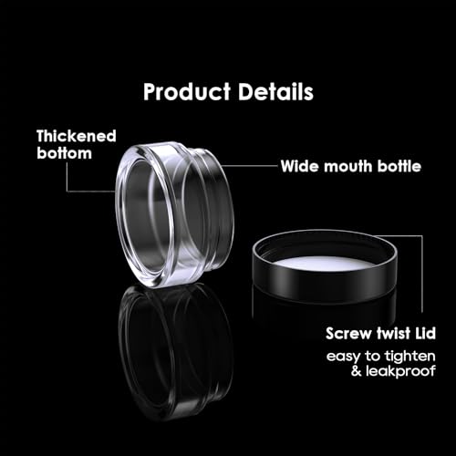50 Pack 5 Gram 0.17OZ Clear Plastic Containers with Lids, Small Round Cosmetic Jars Makeup Travel Containers Jar for Cream, Bead, Eye Shadow, Samples, Jewelry, Lotions, Powders, Glitters Lip Gloss - color: Black Lid, size: 0.17 Ounce