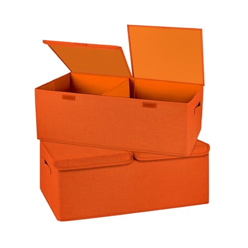 2 Pack Large Storage Boxes with Lids and Handles, Collapsible Linen Storage Bins Organizer Containers Baskets Cube with Removable Divider for Home Bedroom Closet Office (Orange, Small) - color: Orange, size: Small
