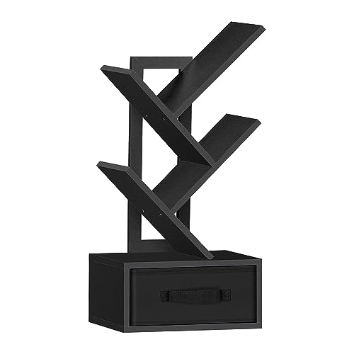 SHEEPAM Small Book Shelf with Drawer,4 Tier Black Tree Bookshelf,Wooden Desktop Bookcase,Modern Desk Display Storage Bookshelves,Floor Standing Organizer Bookcases for Living Room,Bedroom,Office - color: Classic Black, size: 4 Tier