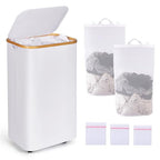 110L Slim Laundry Basket with Lid, Rolling Laundry Hamper with Bamboo Handles, Collapsible Dirty Clothes Basket Organizer with Removable Inner Bag and 3PCS Lingerie Bags for Washing Delicates