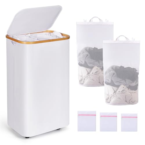 110L Slim Laundry Basket with Lid, Rolling Laundry Hamper with Bamboo Handles, Collapsible Dirty Clothes Basket Organizer with Removable Inner Bag and 3PCS Lingerie Bags for Washing Delicates