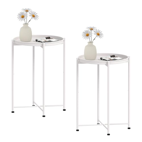 Garden 4 you Small Side Table, White Mini Round End Table, Black Tray Table with Metal Frame, Modern Nightstand for Living Room, Bedroom, Patio, Small Space, 2pcs - color: White, size: 2 PCS