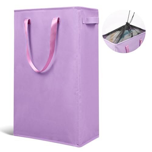 Odonata Slim Laundry Hamper Handles Collapsible Laundry Basket Thin Dirty Clothes Basket Narrow Laundry Bag Foldable Dirty Hamper 45L (Light Purple) - color: Light Purple