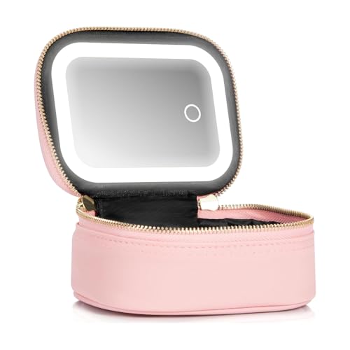 Mini Makeup Bag with Led Mirror, Small Travel Make up Bag 3 Light Modes Adjustable Brightness, for Women Organizer Cosmetic Bag, Portable Travel Train Toiletry Bag, for Pool Parties Work Touch-Ups - color: Pink