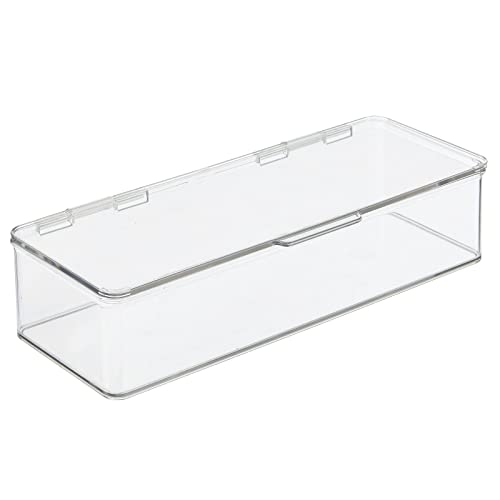 mDesign Office Supplies Desk Organizer Box with Lid for Staplers, Scissors, Pens, Sticky Notes, Highlighters, Tape - 3" Tall, Long, Clear - size: 5.75 x 13.4 x 3 (Pack of 1)