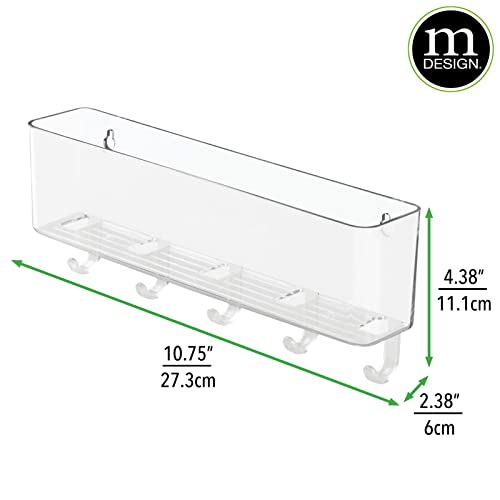 mDesign Plastic Wall Mount Mail and Key Holder with 5 Hooks, Hanger Rack Shelf for Home Entryway, Mudroom, Kitchen, Hold Letters, Cards, Magazines, Coats, Umbrellas, Ligne Collection - Clear - color: Clear