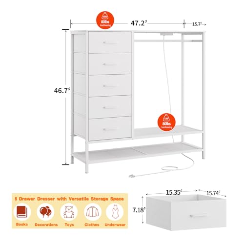 Dresser for Bedroom, Dresser with Hanging Rack Led Lights and Charging Station, White Bedroom Dresser with 5 Fabric Chest of Drawers with PU Finish Storage Organizer, for Living Room Hallway, White - color: White