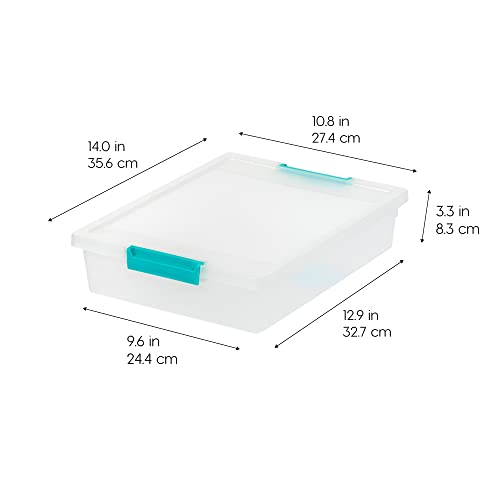 IRIS USA 6 Qt. Craft Storage Bins with Lids, 4-Pack, |Made in USA|, Clip Box, Small Plastic Sensory Bin Tote Organizer Containers for Art Supplies, Paper, & Office, Stackable - Clear/Seafoam Blue - size: 6 Qt. - 4 Pack