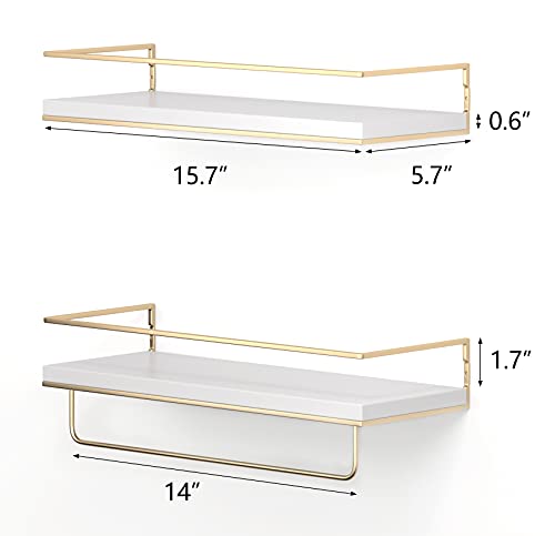 Shario White Floating Shelves - Set of 2, Wall Mounted Hanging Shelves with Golden Towel Rack, Decorative Storage Shelves for Bathroom, Kitchen, Living Room & Bedroom (White Gold, 15.7 Inches) | Hanging Shelves - color: White Gold