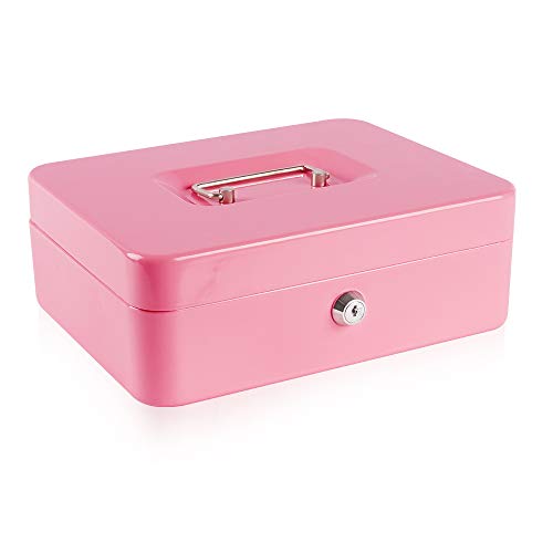 KYODOLED Large Metal Cash Box with Money Tray and Lock,Money Box with Cash Tray,Cash Drawer,9.84"x 7.87"x 3.54" Pink Large - color: Pink, size: Large