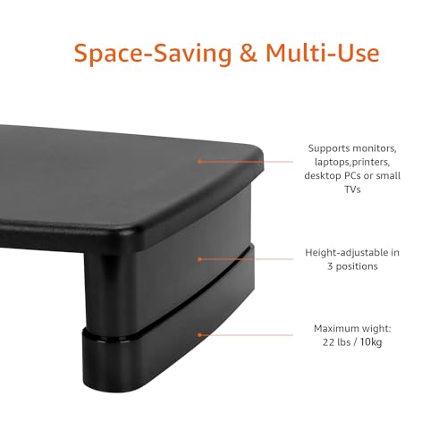 Amazon Basics Height Adjustable Monitor Stand Riser with Storage Organizer, Multifunctional Desk Accessories for Reduced Neck Strain - Fits Monitors, Laptops Up to 22lbs, Black
