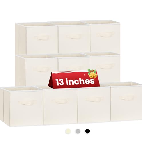 Criusia Large Storage Cubes, 13 Inch Cube Storage Bins for Shelves Closet Nursery Bedroom - 10 Pack Collapsible Storage Baskets with Handles - Fabric Bins for Organizing Clothes Blanket Toys (Beige) - color: Beige, size: 10 Pack - 13 inches