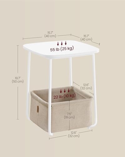VASAGLE LILEA Collection - Side End Table with Fabric Basket, Modern Nightstand, Square Bedside Table, for Living Room, Bedroom, Matte White and Camel Brown ULET229W10 - color: Matte White + Camel Brown, size: Square + 1 pack