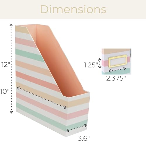 BLU MONACO | Cardboard Magazine File Holder Set of 4 | Vertical Magazine File Holder with Gold Label Slots | Standing File Holder and Cardboard Bins for Shelves Desk Classroom - color: Pastel Stripes