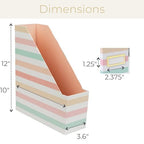 BLU MONACO | Cardboard Magazine File Holder Set of 4 | Vertical Magazine File Holder with Gold Label Slots | Standing File Holder and Cardboard Bins for Shelves Desk Classroom - color: Pastel Stripes