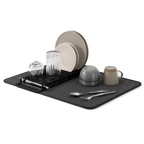 Umbra Udry Dish Rack and Microfiber Drying Mat – Space-Saving Design Folds Up for Easy Storage, Basic Rack, Black - color: Black, style: Basic Rack