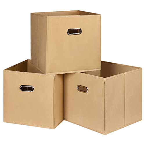 Black Fabric Cubby Storage Bins,13x13x13 Inches ,Cube Organizer Bin Foldable Storage Boxes with Dual Handles Fabric Organizer Box and collapsible Storage basket,Set of 3 ,Khaki - color: Khaki, size: 3 Pack