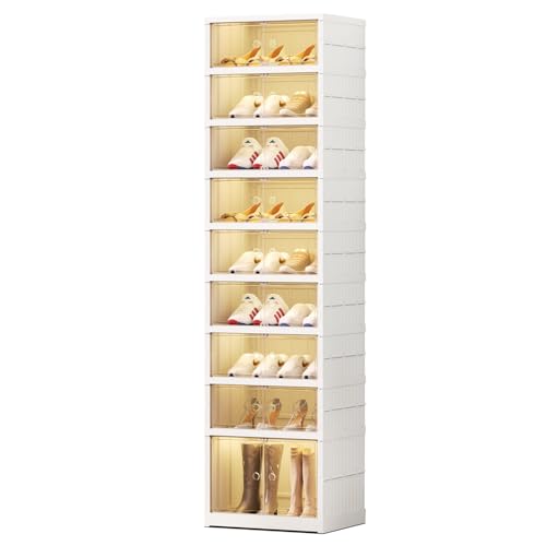 EHAMILY 9 Tier Foldable Shoe Rack Organizer for Closet 18-36Pairs Plastic Collapsible Shoe Racks Shelf Stackable Clear Folding Shoes Storage boxes for Small Spaces Narrow Shoe Storage Cabinet - size: 9 Tiers 18 Pairs