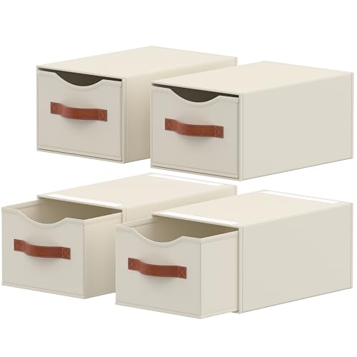 4 Pack Stackable Storage Drawers, Fabric Closet Organizers and Storage with Handles and Clear Window, Pull-Out Clothes Storage Bins with Drawer for Closet, Bedroom, Living Room, Under Bed, Beige - color: Beige, size: 4 Pack