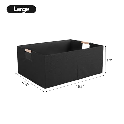 Fabric Storage Bin Box Foldable Cotton Linen Storage Basket with Wooden Handles Rectangular Cube Decorative Home Laundry Organizer Clothes Blanket Container – Black, Small - color: Black, size: Small