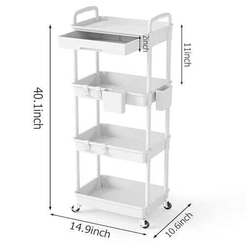 4 Tier Rolling Utility Cart with Drawer, Plastic Storage Organizer Rolling Carts with Wheels Handles Hanging Cups Hooks for Office, Bathroom, Kitchen,Craft Art Room (White) - color: White, size: 4-Tier