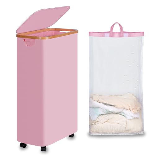 efluky Slim Laundry Basket with Wheels, Narrow Rolling Laundry Hamper with Lid and Removable Bag, Tall Aesthetic Dirty Clothes Hamper on Wheels for Laundry Room, Bedroom, Dorm and Bathroom, 75L Pink - color: Pink, size: 75L