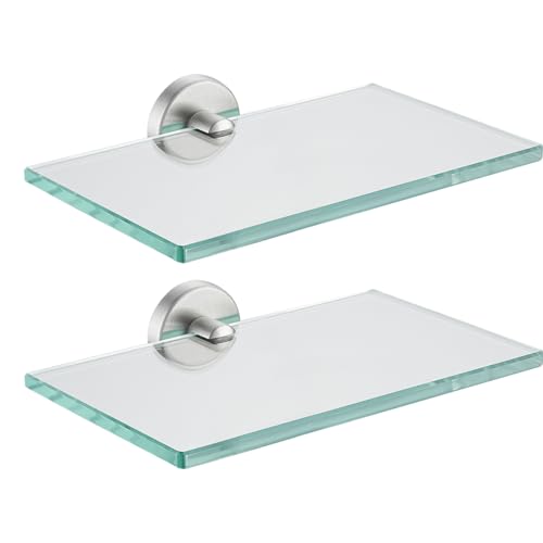 JQK Bathroom Glass Shelf, Tempered Glass Shower Storage 8 by 5 inches, 304 Stainless Steel Brushed Finish Wall Mount 2 Pack, TGS101L8-BN-P2 - color: Brushed, size: 8 Inch (2 Pack)