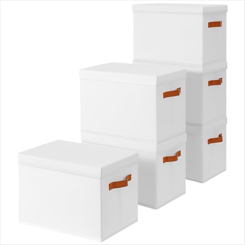 Homsorout Storage Bins with Lids - Fabric Storage Baskets for Shelves, 6 Pack Foldable Decorative Boxes with Handles, Stackable Organizer Bins for Home, Nursery, Dorm, White - color: White, size: L(6-Pack)