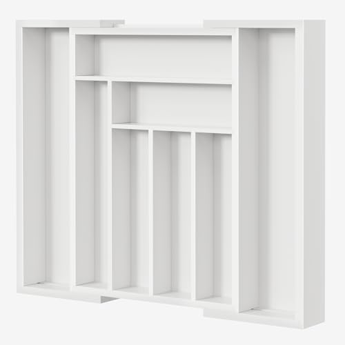 Pipishell Bamboo Expandable Drawer Organizer for Utensils Holder, Adjustable Cutlery Tray, Wood Drawer Dividers Organizer for Silverware, Flatware, Knives in Kitchen, Bedroom, Living Room (White) - color: White, size: Large
