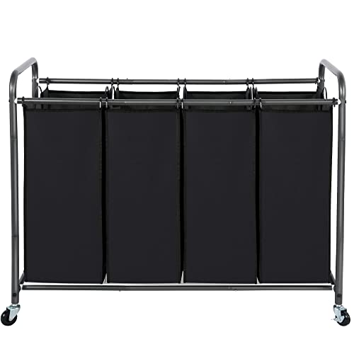 STO STO Laundry Sorter 4 Section, 4 Bag Clothes Hamper, Rolling Laundry Cart Basket with Heavy Duty Lockable Wheels and Removable Bag for Laundry Room, Bedroom, Closet, Black - color: Black, size: 4-Section