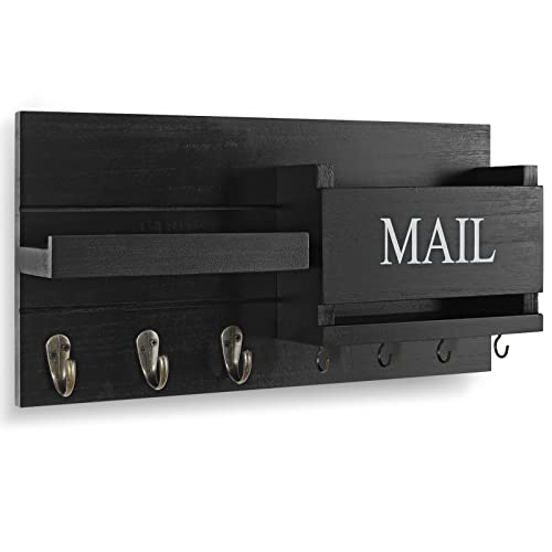 Lwenki Mail Organizer for Wall Mount – Key Holder with Shelf Includes Letter Holder and Hooks for Hallway Farmhouse Decor – Rustic Wood with Flush Mounting Hardware (16.5” x 9.1” x 3.4”) (Black) - color: Black
