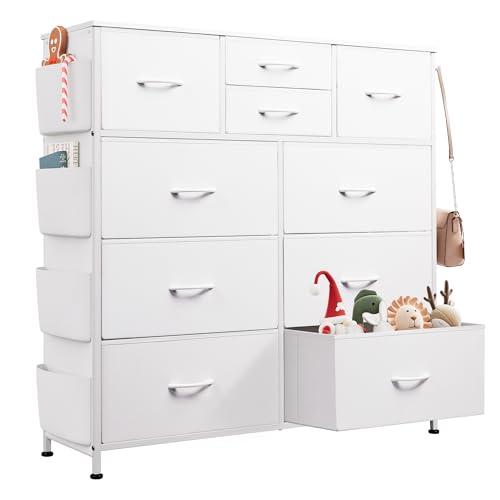WLIVE White Dresser for Bedroom with 10 Drawers, Chest of Drawers with Side Pockets and Hooks, PU Storage Dresser, Sturdy Metal Frame, Drawers Organizer Unit for Living Room, Hallway, Closet - color: White
