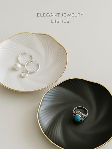 Ceramic Jewelry Tray with Gold Edge, 5 Inch Modern Trinket Dish for Rings, Bracelets & Earrings, Elegant Dresser Organizer (White) - color: White_round