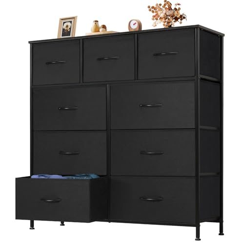 OLIXIS 9 Drawer Storage Dresser with Wood Top - Wide Fabric Chest Organizer for Bedroom, Closet, Living Room,Tower Cabinet, TV Stand, Hallway Entryway Furniture,Carbon Black - color: Black, size: 11.8"D x 39.6"W x 39.4"H (9 Drawers)